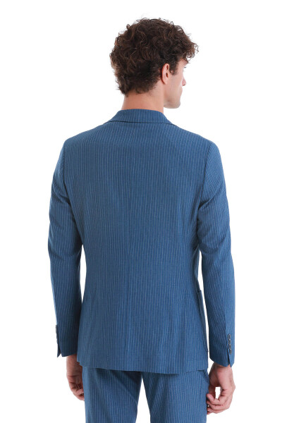 Mavi Slim Fit Çizgili Mono Yaka Takım Elbise - 8