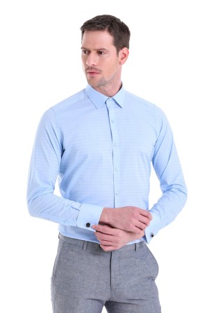 Mavi Slim Fit Desenli 100% Pamuk Slim Yaka Manşetli Uzun Kol Klasik Gömlek - Thumbnail