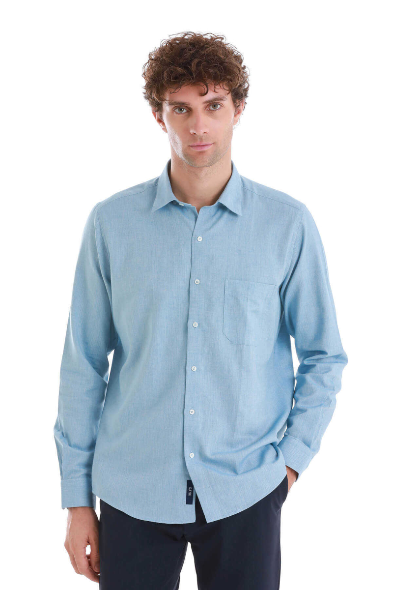 Mavi Slim Fit 100% Pamuklu Düğmeli Yaka Uzun Kollu Casual Gömlek - Hatem Saykı