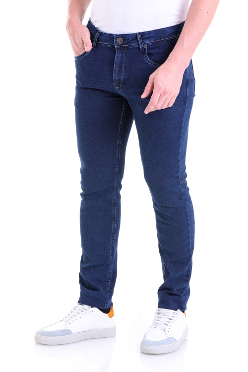 Hatem Saykı - Mavi Slim Fit Desenli Pamuklu 5 Cep Kot Pantolon