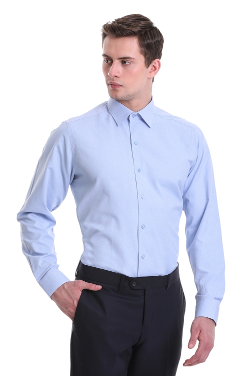 Mavi Slim Fit Desenli Pamuklu Slim Yaka Uzun Kollu Klasik Gömlek - Thumbnail (1)