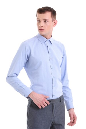Mavi Slim Fit Desenli Pamuklu Slim Yaka Uzun Kollu Klasik Gömlek - Thumbnail