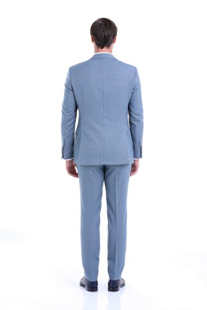 Mavi Slim Fit Desenli Sivri Yaka Klasik Takım Elbise - Thumbnail