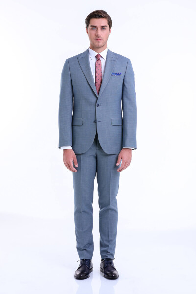 Mavi Slim Fit Desenli Sivri Yaka Klasik Takım Elbise 