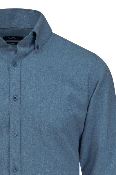 Mavi Slim Fit Düğmeli Yaka Pamuklu Uzun Kollu Spor Gömlek - 2