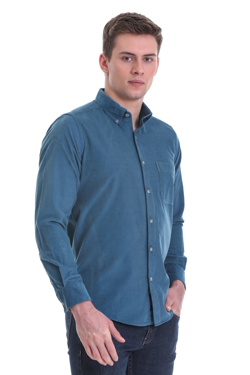 Hatem Saykı - Mavi Slim Fit Düz 100% Pamuklu Düğmeli Yaka Uzun Kollu Klasik Gömlek
