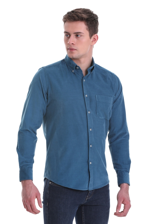 Mavi Slim Fit Düz 100% Pamuklu Düğmeli Yaka Uzun Kollu Klasik Gömlek - Thumbnail (1)