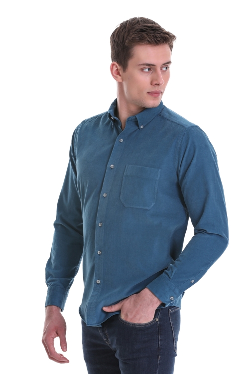 Mavi Slim Fit Düz 100% Pamuklu Düğmeli Yaka Uzun Kollu Klasik Gömlek - Thumbnail (2)