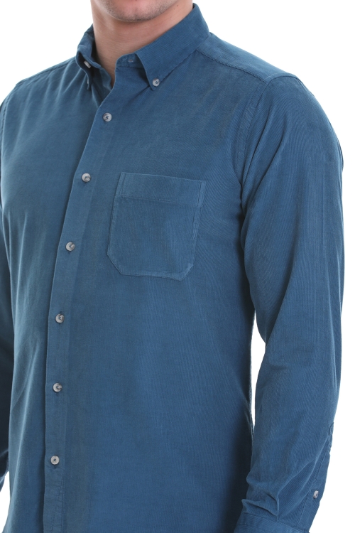 Mavi Slim Fit Düz 100% Pamuklu Düğmeli Yaka Uzun Kollu Klasik Gömlek - Thumbnail (3)