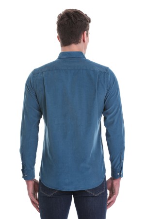 Mavi Slim Fit Düz 100% Pamuklu Düğmeli Yaka Uzun Kollu Klasik Gömlek - Thumbnail
