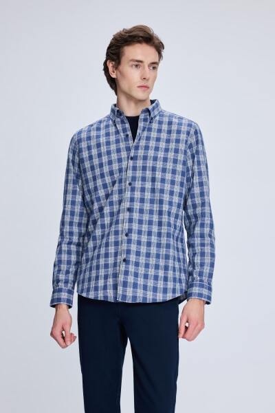 Mavi Slim Fit Kareli Düğmeli Yaka Uzun Kollu Pamuklu Gömlek 