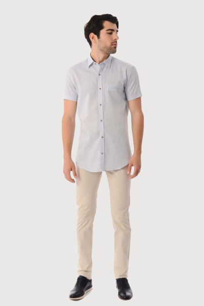 Mavi Slim Fit Kısa Kol Keten Gömlek - 2