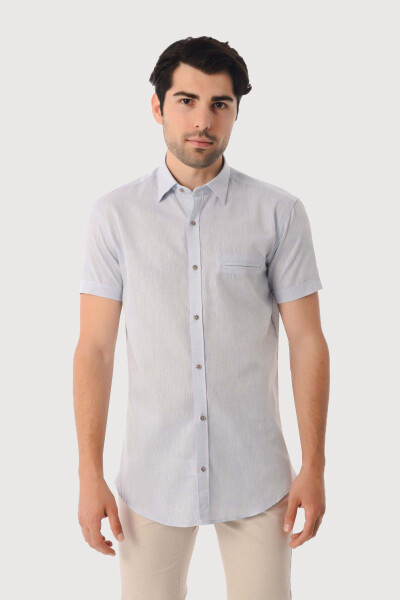 Mavi Slim Fit Kısa Kol Keten Gömlek - 6