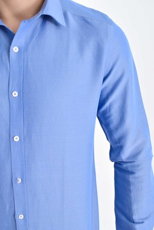 Mavi Slim Fit Düz Pamuklu Uzun Kol Spor Gömlek - Thumbnail