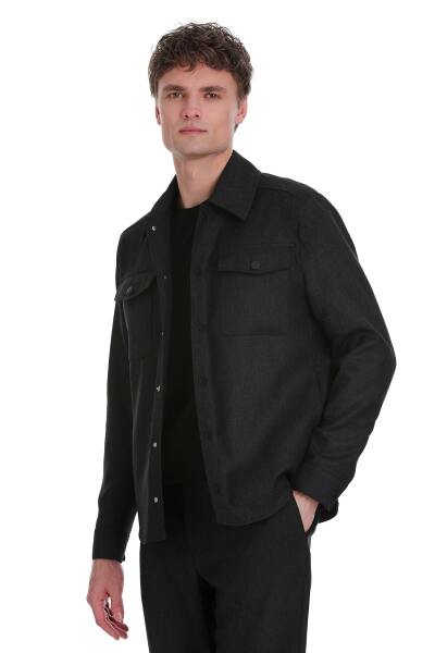 Siyah Slim Fit Mono Yaka Casual Overshirt Takım 