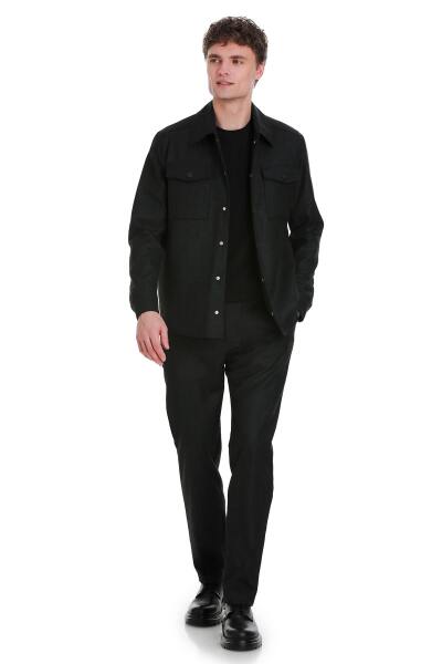 Siyah Slim Fit Mono Yaka Casual Overshirt Takım 