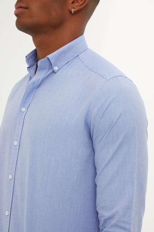 Mavi Slim Fit Düz 100% Pamuk Düğmeli Yaka Uzun Kollu Casual Gömlek - Thumbnail (1)