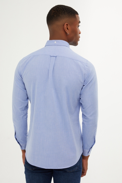 Mavi Slim Fit Düz 100% Pamuk Düğmeli Yaka Uzun Kollu Casual Gömlek - Thumbnail (3)