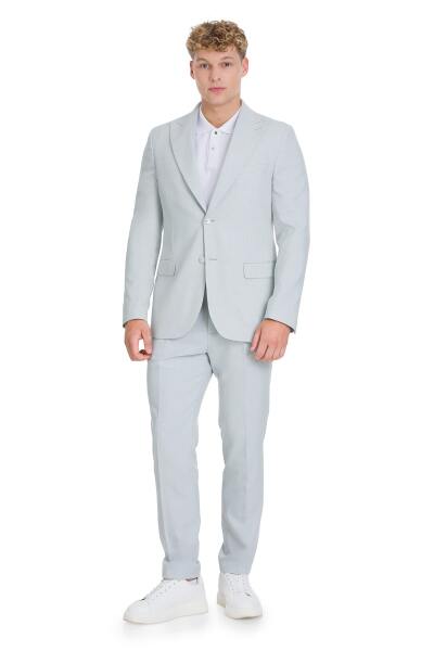 Mavi Slim Fit Sivri Yaka Keten Takım Elbise - 6
