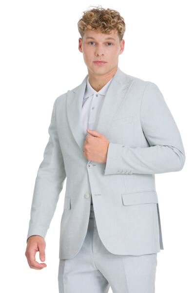 Mavi Slim Fit Sivri Yaka Keten Takım Elbise - 2