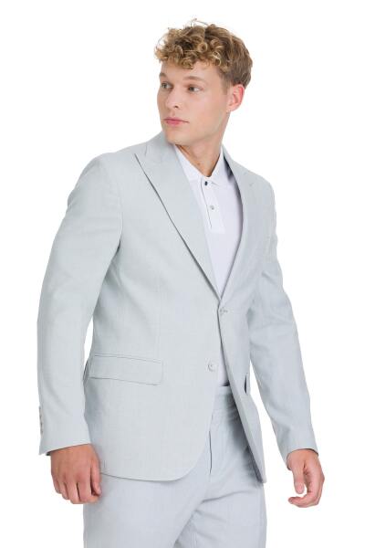 Mavi Slim Fit Sivri Yaka Keten Takım Elbise - 3