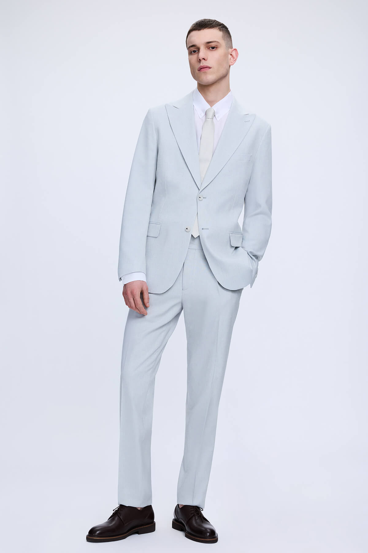 Mavi Slim Fit Sivri Yaka Keten Takım Elbise - 1