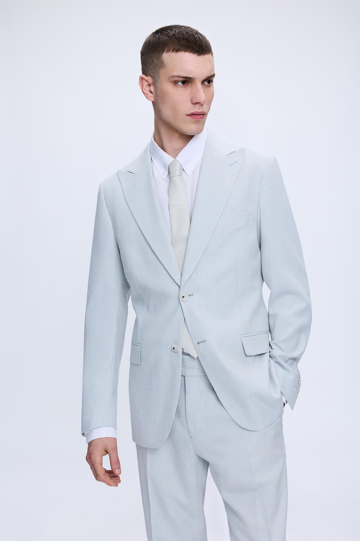 Mavi Slim Fit Sivri Yaka Keten Takım Elbise - 2