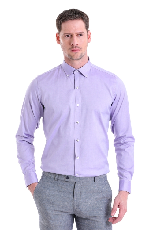 Hatem Saykı - Mor Comfort Fit Düz 100% Pamuk Düğmeli Yaka Uzun Kollu Casual Gömlek