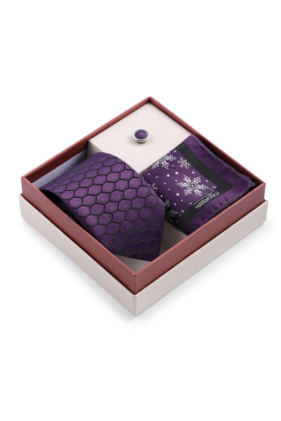 Mor Üçlü Yaka Rozeti Kravat Mendil Set - 2