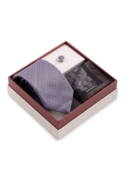 Mor Üçlü Yaka Rozeti Kravat Mendil Set - 2