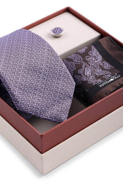 Mor Üçlü Yaka Rozeti Kravat Mendil Set - 3