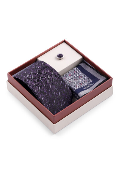 Mor Üçlü Yaka Rozeti Kravat Mendil Set - 2