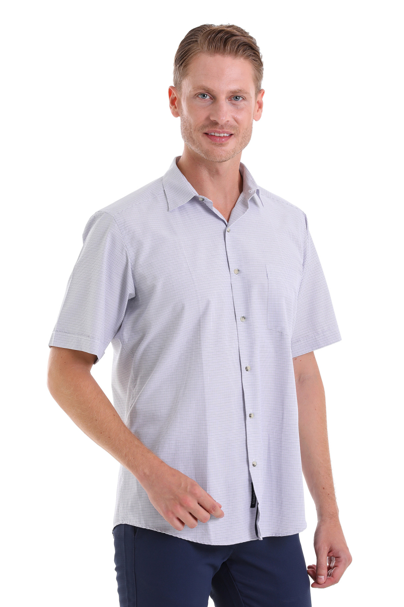 Mor Klasik Fit Kareli Pamuklu Slim Yaka Kısa Kollu Klasik Gömlek - Hatemoğlu (1)