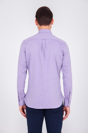 Mor Slim Fit Düz 100% Pamuk Uzun Kol Oxford Gömlek - Thumbnail