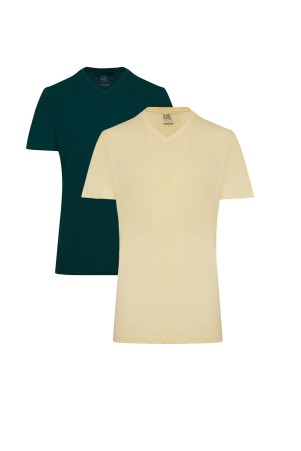 Yeşil ve Sarı Regular Fit %100 Pamuk V Yaka 2'li Paket Basic Tişört - Thumbnail