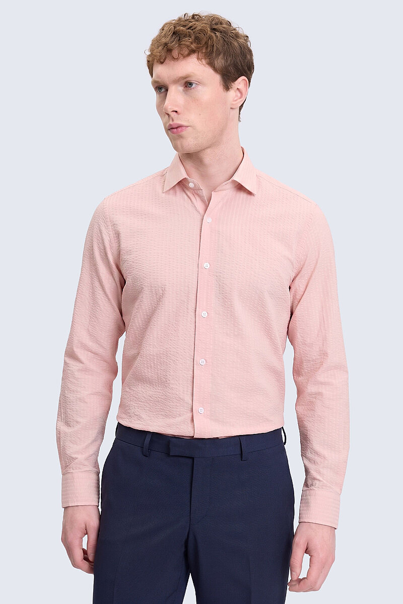 Pembe Comfort Fit 100% Pamuk Slim Yaka Uzun Kollu Spor Gömlek