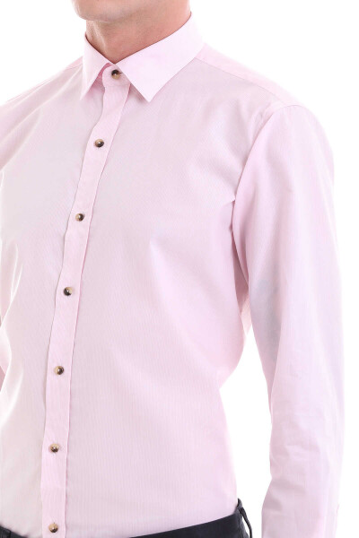 Pembe Comfort Fit Çizgili %100 Pamuklu Slim Yaka Uzun Kollu Casual Gömlek - 5