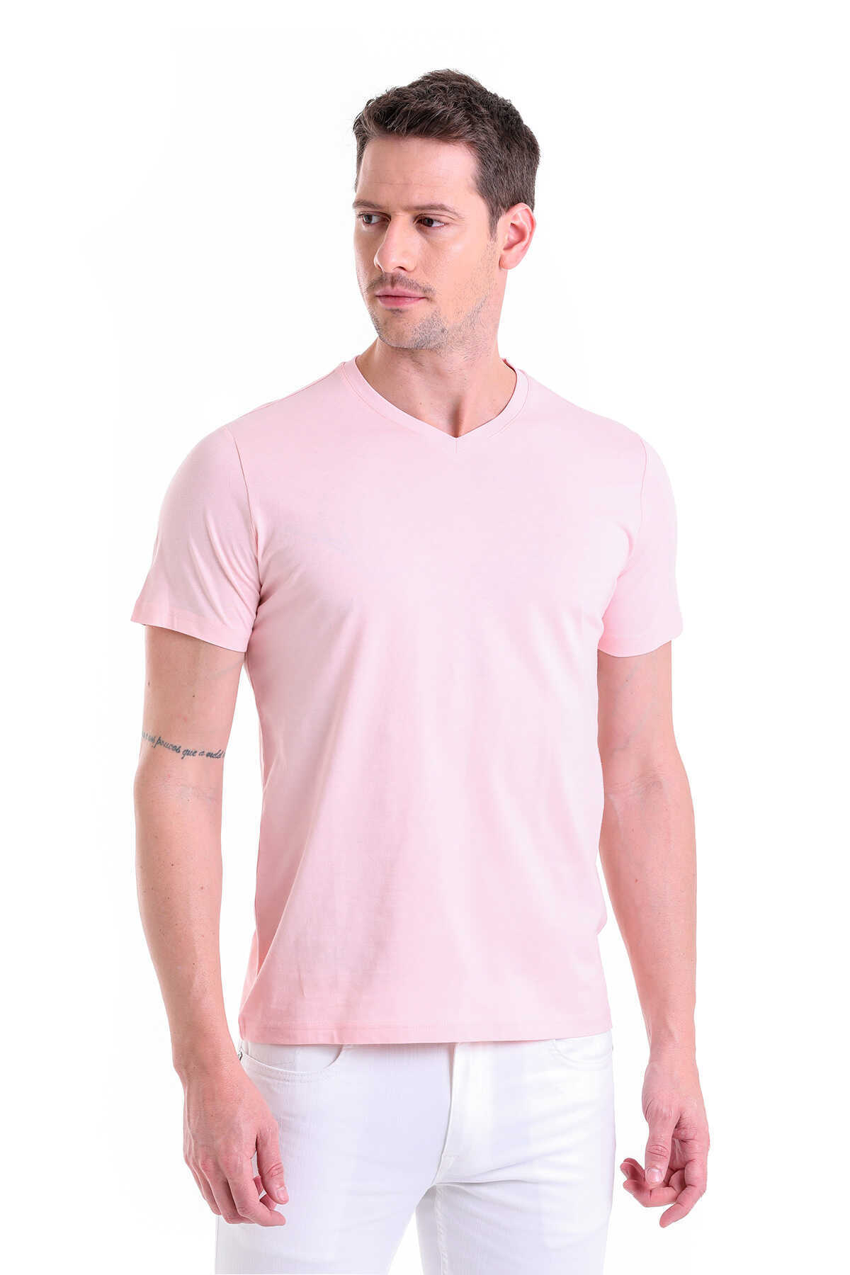 Pembe Regular Fit Düz 100% Pamuklu V Yaka Tişört - 1