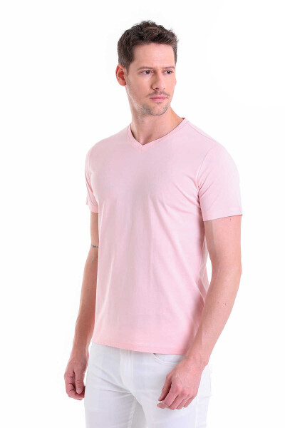 Pembe Regular Fit Düz 100% Pamuklu V Yaka Tişört - 2