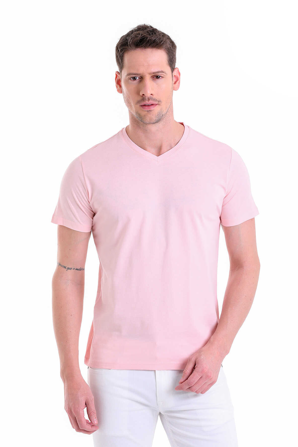Pembe Regular Fit Düz 100% Pamuklu V Yaka Tişört - 3