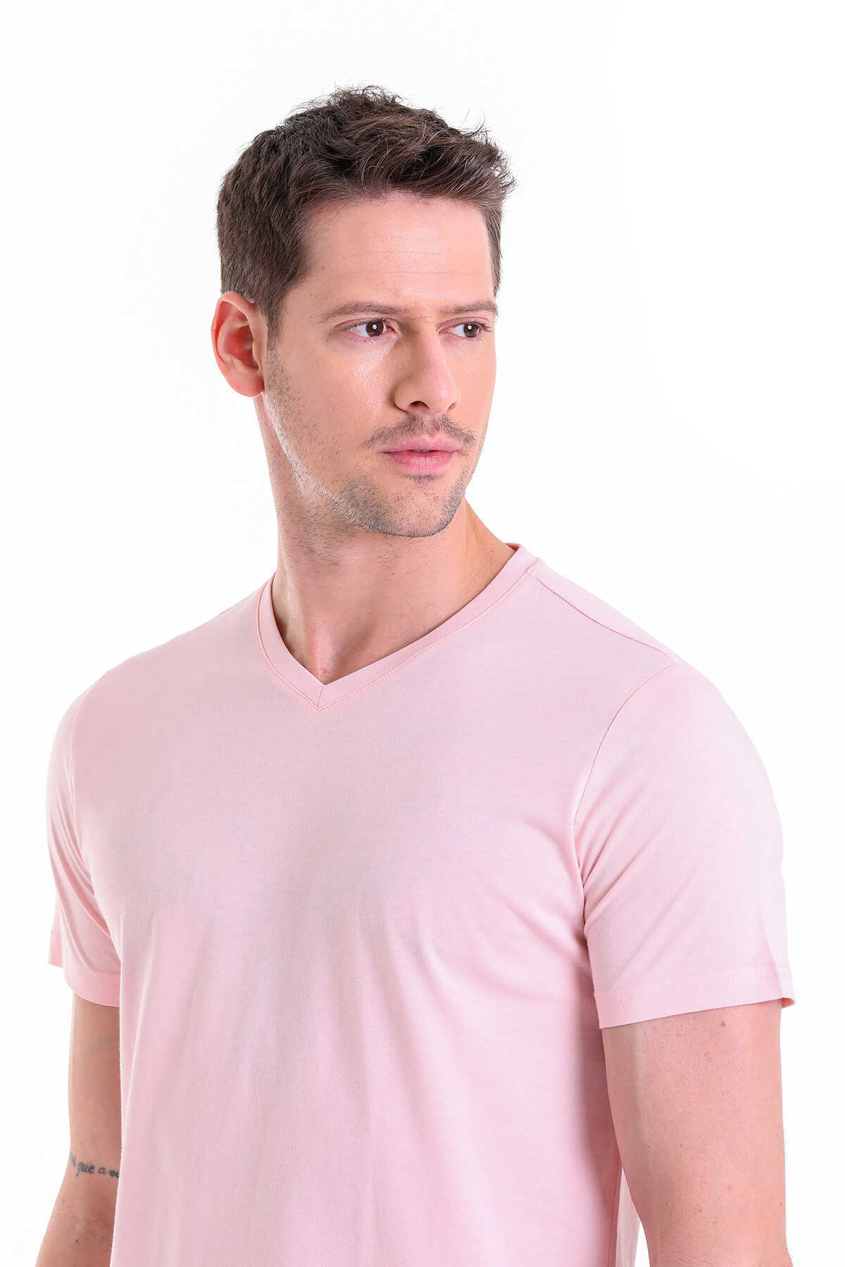 Pembe Regular Fit Düz 100% Pamuklu V Yaka Tişört - 4