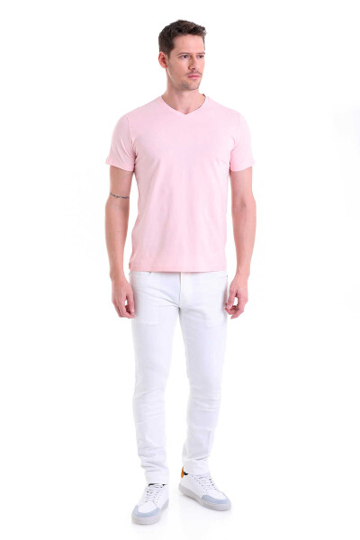 Pembe Regular Fit Düz 100% Pamuklu V Yaka Tişört - 5