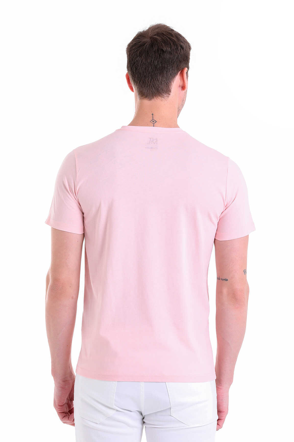 Pembe Regular Fit Düz 100% Pamuklu V Yaka Tişört - 6