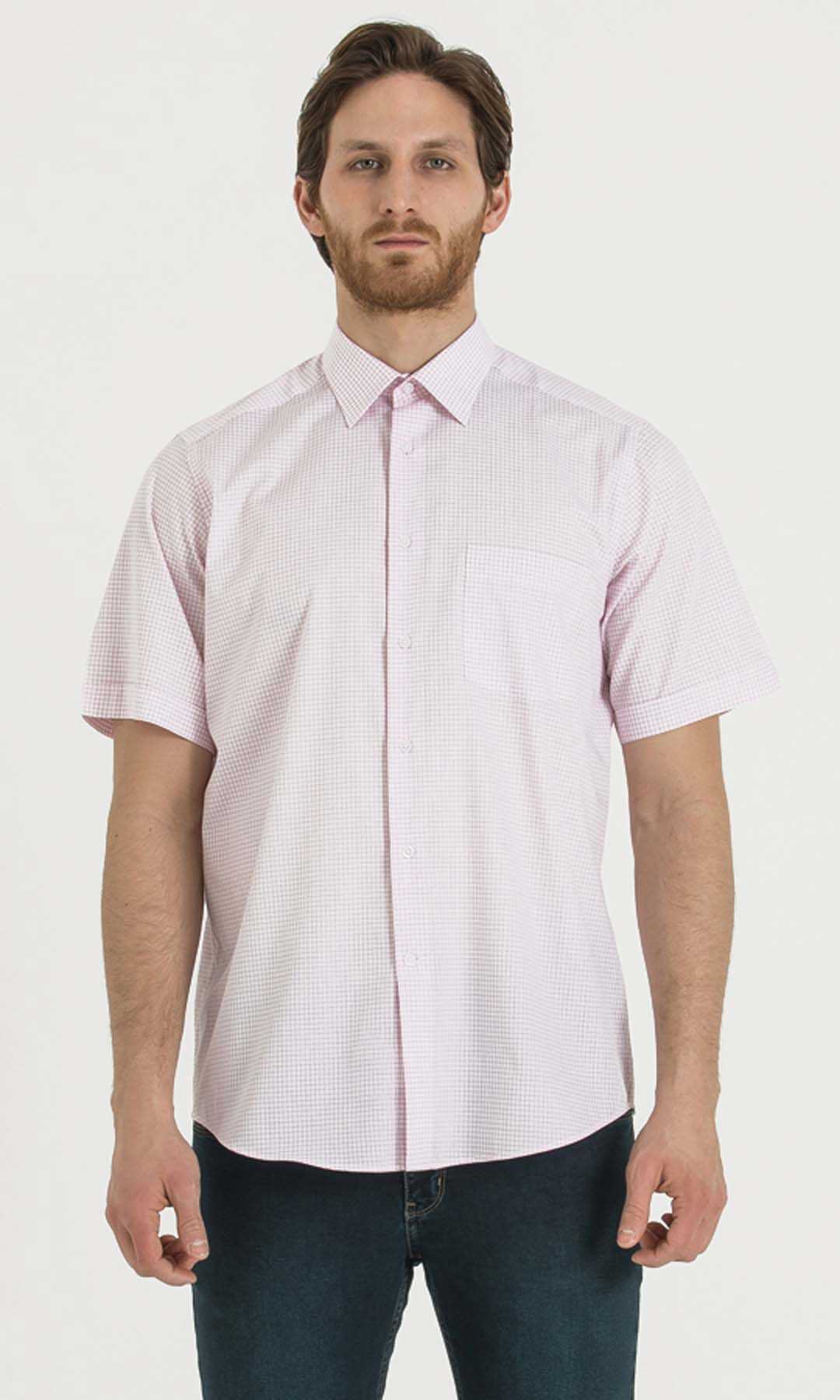 Pembe Kareli Klasik Kısa Kol Gömlek - 1