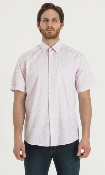 Pembe Kareli Klasik Kısa Kol Gömlek - 1