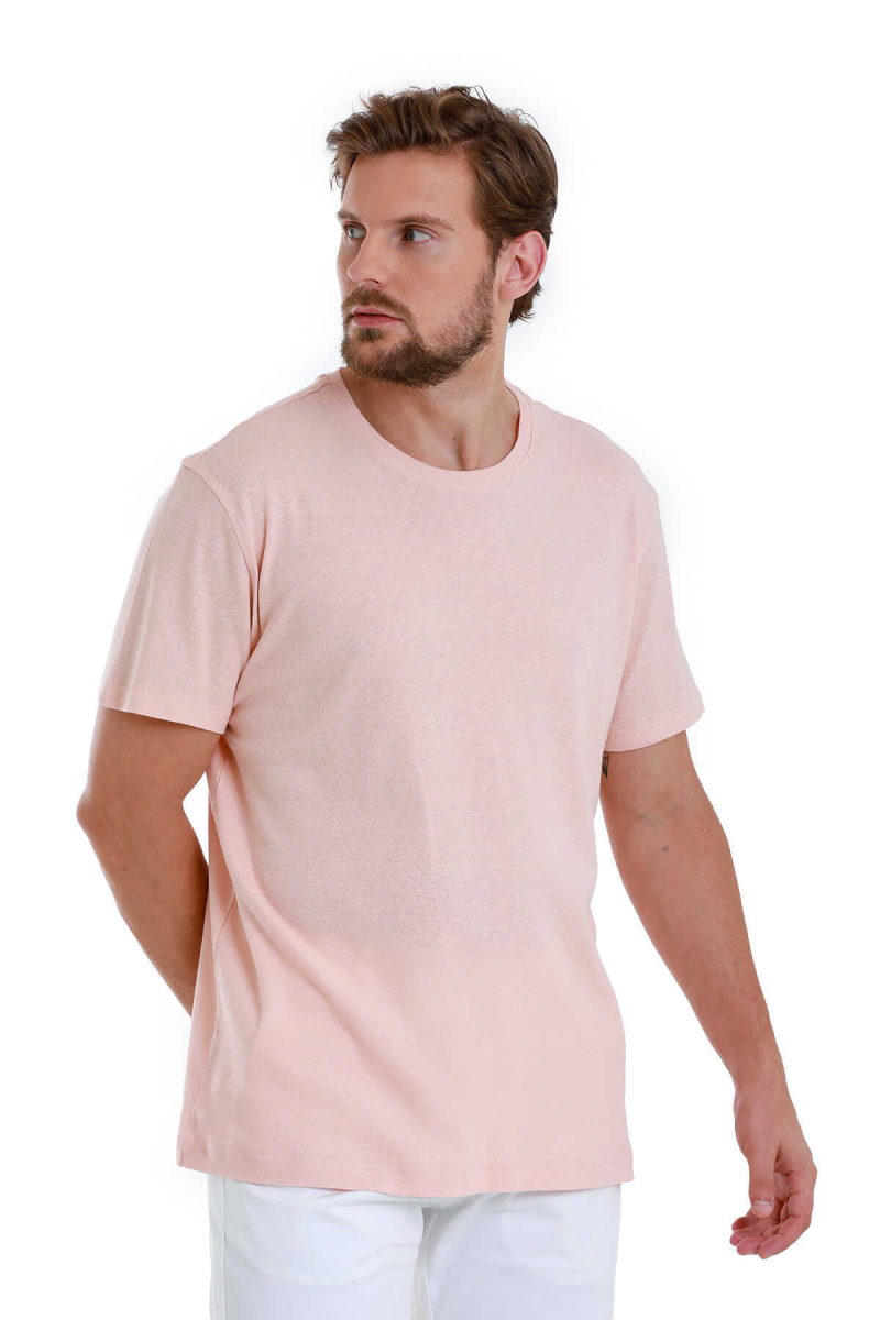 Pembe Regular Fit Bisiklet Yaka Keten Tişört - Hatem Saykı (1)