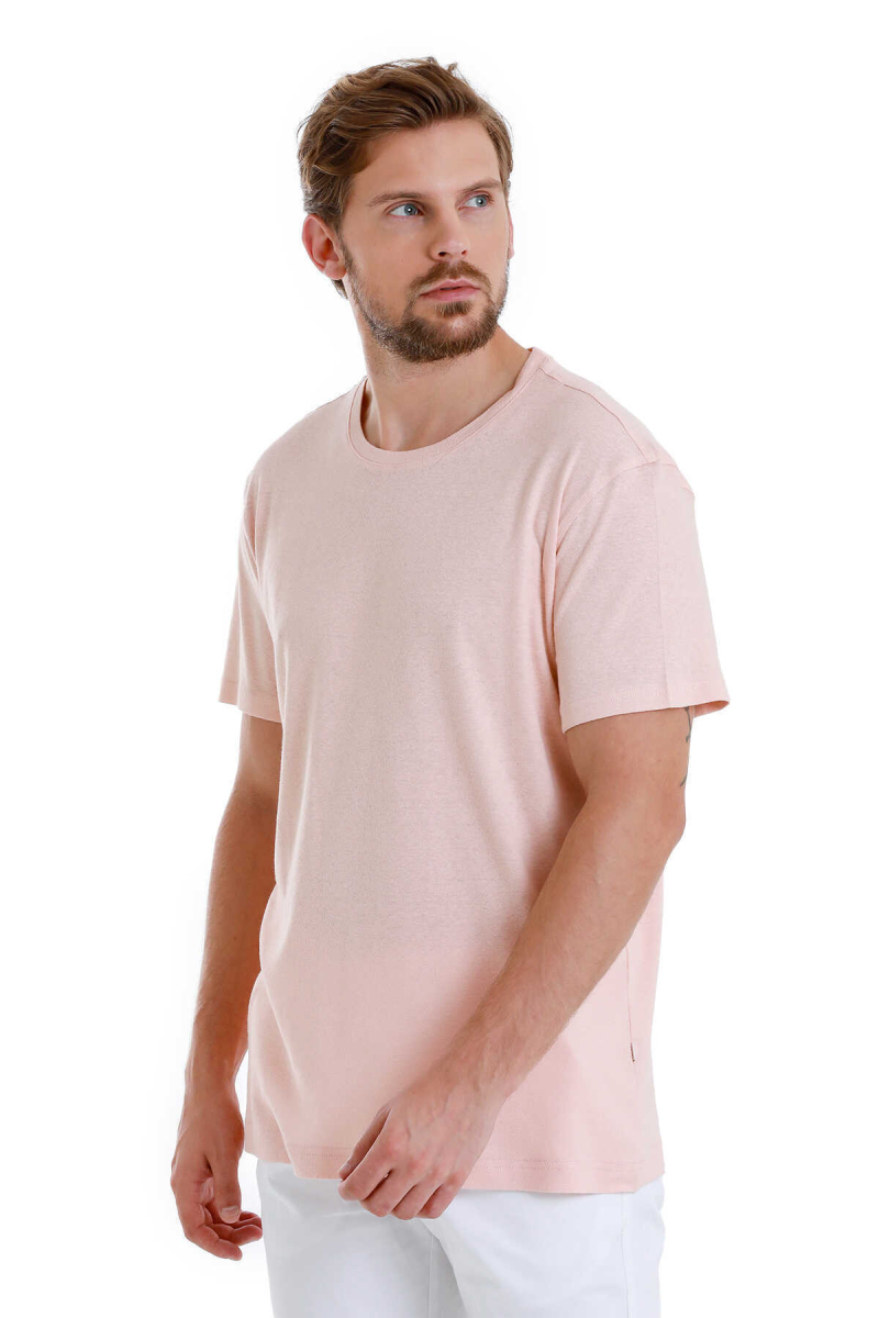 Pembe Regular Fit Bisiklet Yaka Keten Tişört - Hatem Saykı (1)