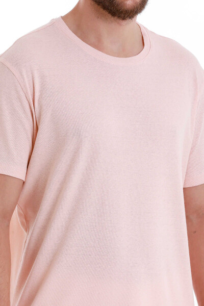Pembe Regular Fit Bisiklet Yaka Keten Tişört - 5