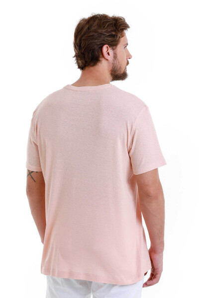 Pembe Regular Fit Bisiklet Yaka Keten Tişört - 6