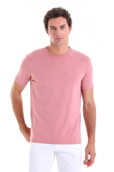 Pembe Regular Fit Pamuklu Bisiklet Yaka Triko Tişört 